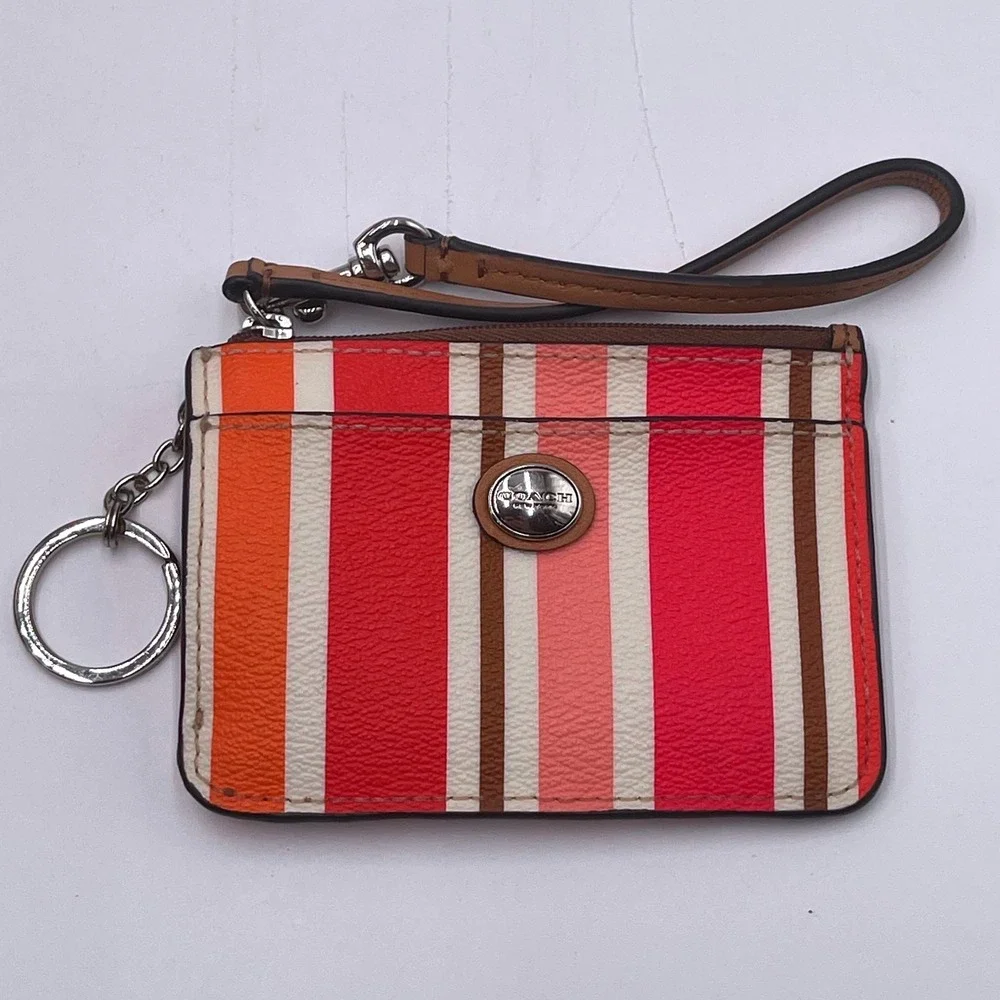 Coach Multi Color Striped ID Skinny‎ Mini Wallet Wristlet Pink Orange Brown